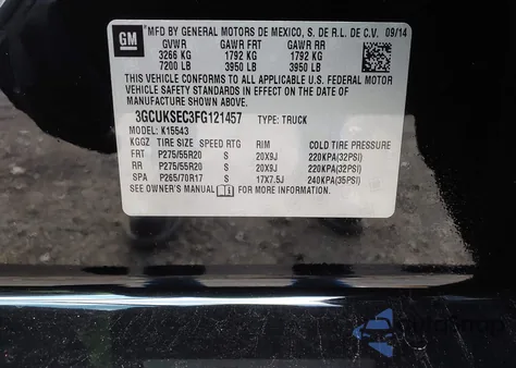 2015 Chevrolet Silverado 1500 1Lz z USA, uszkodzony, nr VIN 3GCUKSEC3FG121457